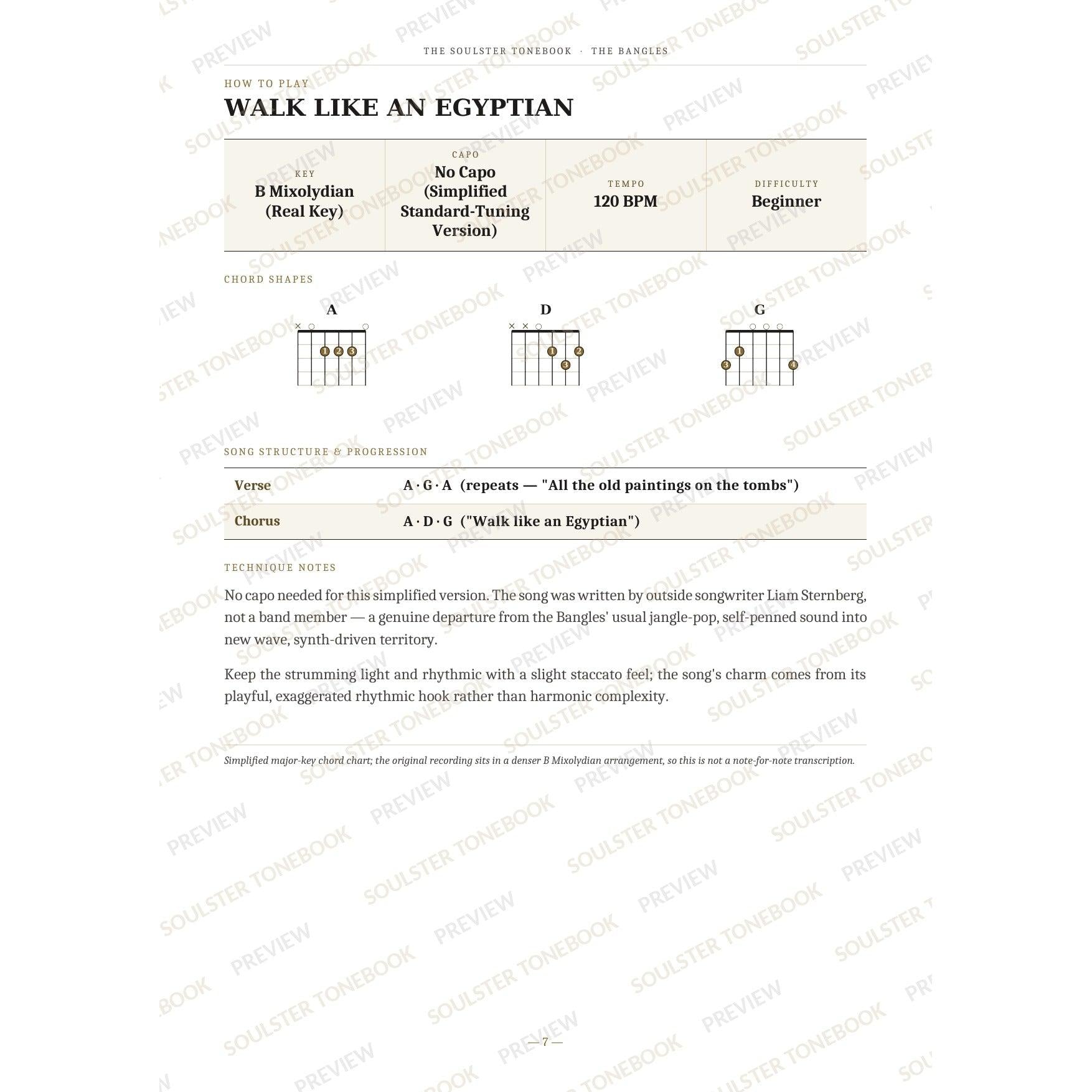 How-to-play page for 'Walk Like an Egyptian' by The Bangles, showing the key, capo, tempo and difficulty, printed chord-shape diagrams, a song-structure and chord-progression breakdown and technique notes — chord charts only, no lyrics or notation. A faint diagonal 'Soulster Tonebook · Preview' watermark repeats across the page.