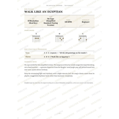 How-to-play page for 'Walk Like an Egyptian' by The Bangles, showing the key, capo, tempo and difficulty, printed chord-shape diagrams, a song-structure and chord-progression breakdown and technique notes — chord charts only, no lyrics or notation. A faint diagonal 'Soulster Tonebook · Preview' watermark repeats across the page.