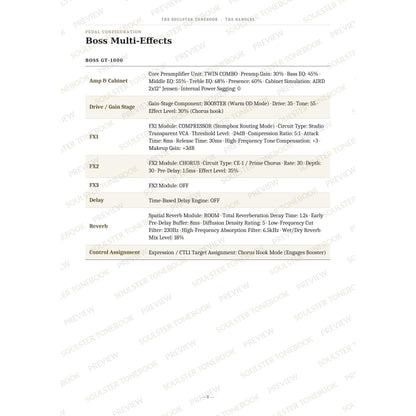 Boss GT-1000 pedal-settings page for 'Walk Like an Egyptian' in The Bangles Soulster Tonebook, giving parameter-by-parameter amp, cabinet, drive, FX, delay and reverb values in a two-column table. A faint diagonal 'Soulster Tonebook · Preview' watermark repeats across the page.