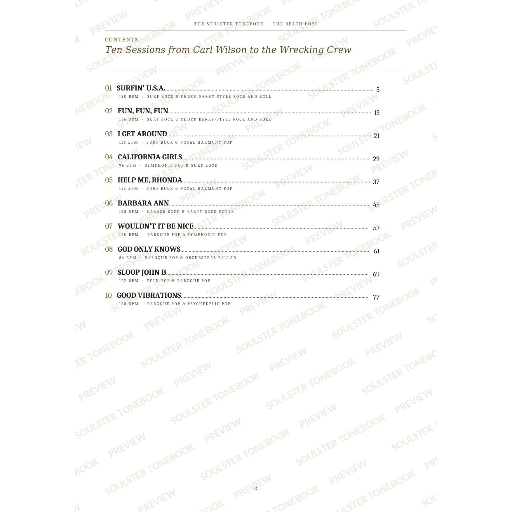 Contents page from The Beach Boys Soulster Tonebook, listing all 10 songs with their tempos, genre tags and page numbers in a gold-and-black serif layout. A faint diagonal 'Soulster Tonebook · Preview' watermark repeats across the page.