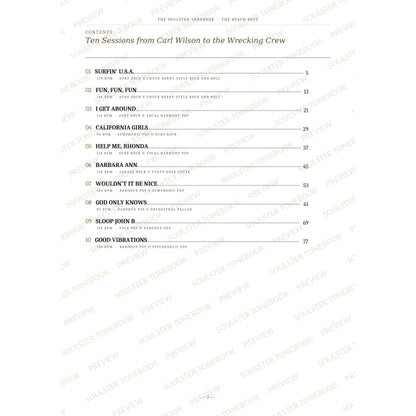 Contents page from The Beach Boys Soulster Tonebook, listing all 10 songs with their tempos, genre tags and page numbers in a gold-and-black serif layout. A faint diagonal 'Soulster Tonebook · Preview' watermark repeats across the page.