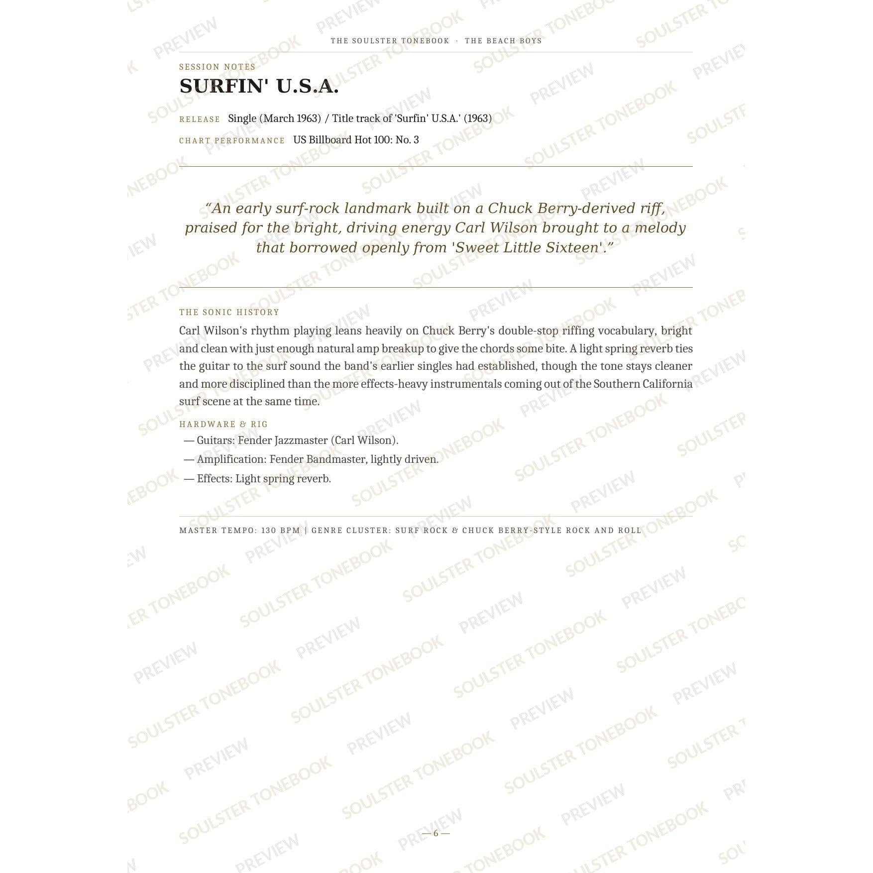 Session-notes page for 'Surfin' U.s.a.' in The Beach Boys Soulster Tonebook, with the track's release and chart history, a summary quote, a short 'sonic history' write-up and the hardware and rig used. A faint diagonal 'Soulster Tonebook · Preview' watermark repeats across the page.