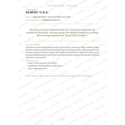 Session-notes page for 'Surfin' U.s.a.' in The Beach Boys Soulster Tonebook, with the track's release and chart history, a summary quote, a short 'sonic history' write-up and the hardware and rig used. A faint diagonal 'Soulster Tonebook · Preview' watermark repeats across the page.