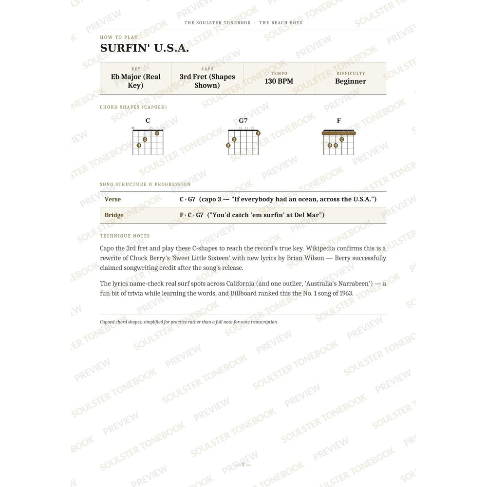 How-to-play page for 'Surfin' U.s.a.' by The Beach Boys, showing the key, capo, tempo and difficulty, printed chord-shape diagrams, a song-structure and chord-progression breakdown and technique notes — chord charts only, no lyrics or notation. A faint diagonal 'Soulster Tonebook · Preview' watermark repeats across the page.