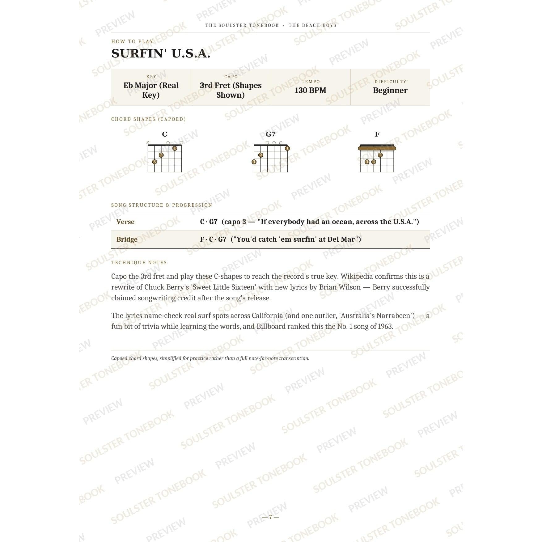 How-to-play page for 'Surfin' U.s.a.' by The Beach Boys, showing the key, capo, tempo and difficulty, printed chord-shape diagrams, a song-structure and chord-progression breakdown and technique notes — chord charts only, no lyrics or notation. A faint diagonal 'Soulster Tonebook · Preview' watermark repeats across the page.