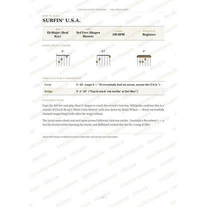 How-to-play page for 'Surfin' U.s.a.' by The Beach Boys, showing the key, capo, tempo and difficulty, printed chord-shape diagrams, a song-structure and chord-progression breakdown and technique notes — chord charts only, no lyrics or notation. A faint diagonal 'Soulster Tonebook · Preview' watermark repeats across the page.