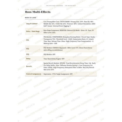 Boss GT-1000 pedal-settings page for 'Surfin' U.s.a.' in The Beach Boys Soulster Tonebook, giving parameter-by-parameter amp, cabinet, drive, FX, delay and reverb values in a two-column table. A faint diagonal 'Soulster Tonebook · Preview' watermark repeats across the page.