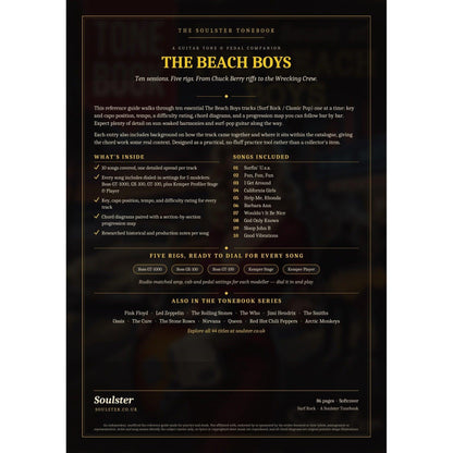 Back cover of The Beach Boys Soulster Tonebook — a dark, gold-trimmed design with the title and tagline, a 'what's inside' list, the full 10-song track list, the five modeller rigs and other titles in the Soulster Tonebook series.