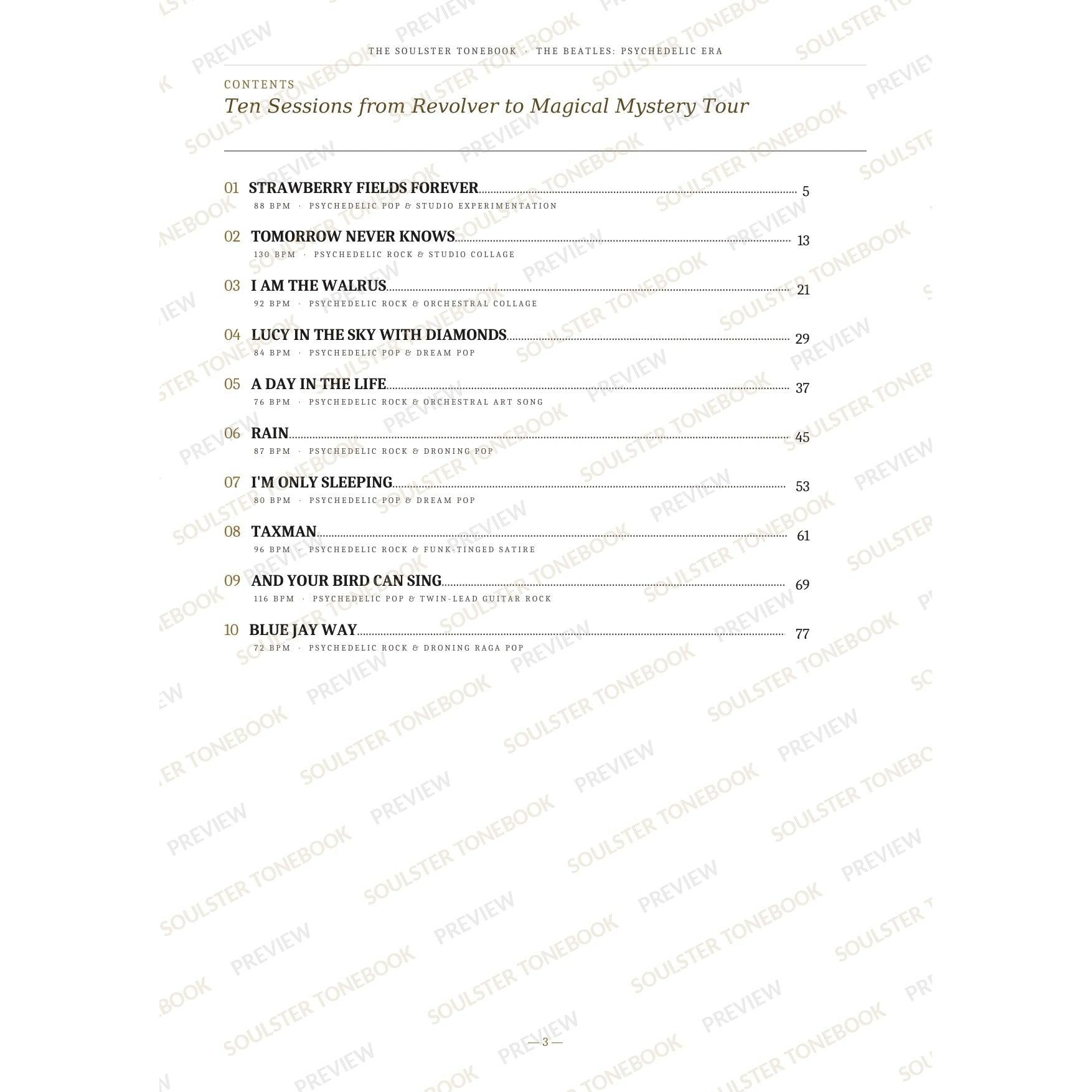 Contents page from The Beatles: Psychedelic Era Soulster Tonebook, listing all 10 songs with their tempos, genre tags and page numbers in a gold-and-black serif layout. A faint diagonal 'Soulster Tonebook · Preview' watermark repeats across the page.