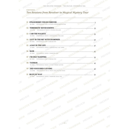 Contents page from The Beatles: Psychedelic Era Soulster Tonebook, listing all 10 songs with their tempos, genre tags and page numbers in a gold-and-black serif layout. A faint diagonal 'Soulster Tonebook · Preview' watermark repeats across the page.