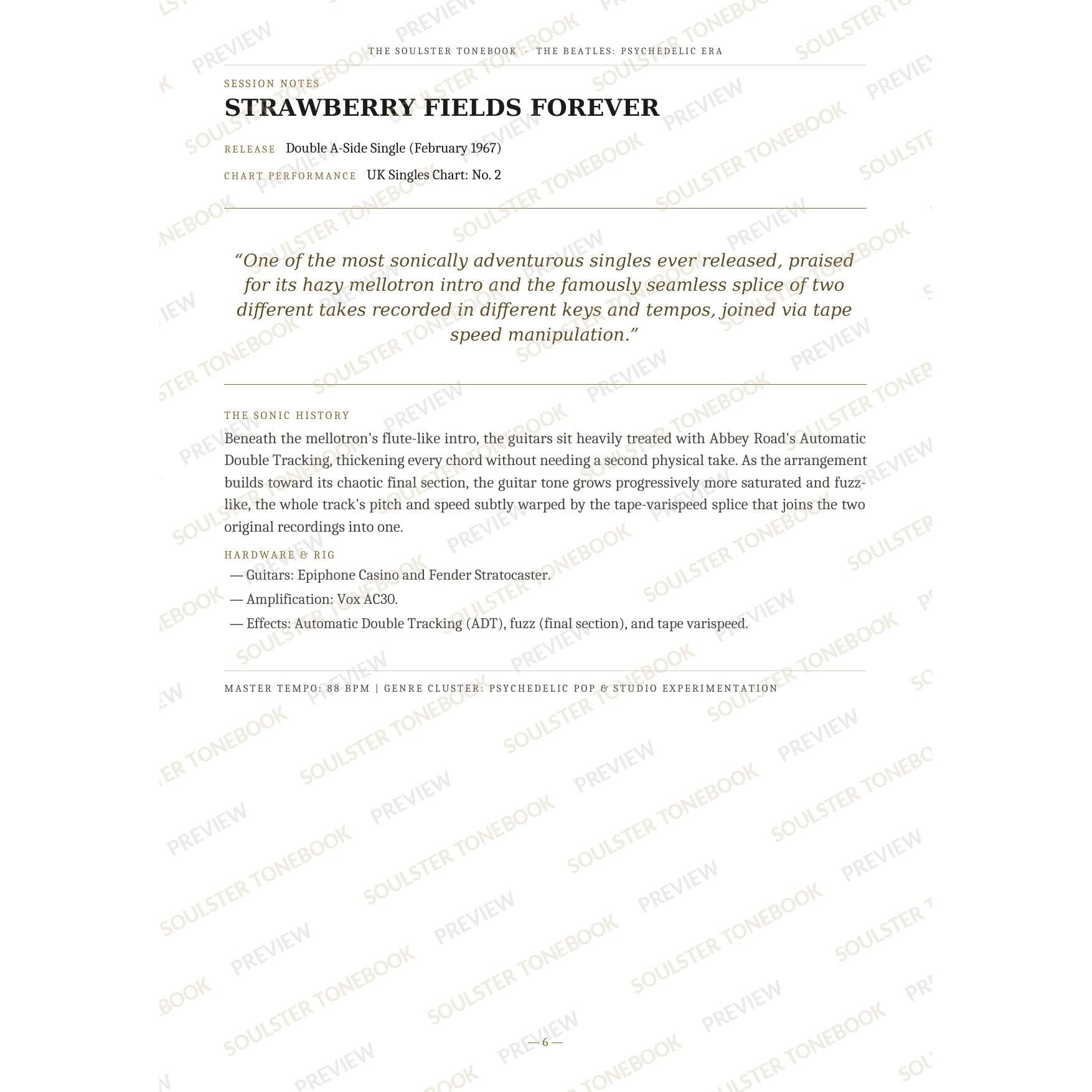 Session-notes page for 'Strawberry Fields Forever' in The Beatles: Psychedelic Era Soulster Tonebook, with the track's release and chart history, a summary quote, a short 'sonic history' write-up and the hardware and rig used. A faint diagonal 'Soulster Tonebook · Preview' watermark repeats across the page.