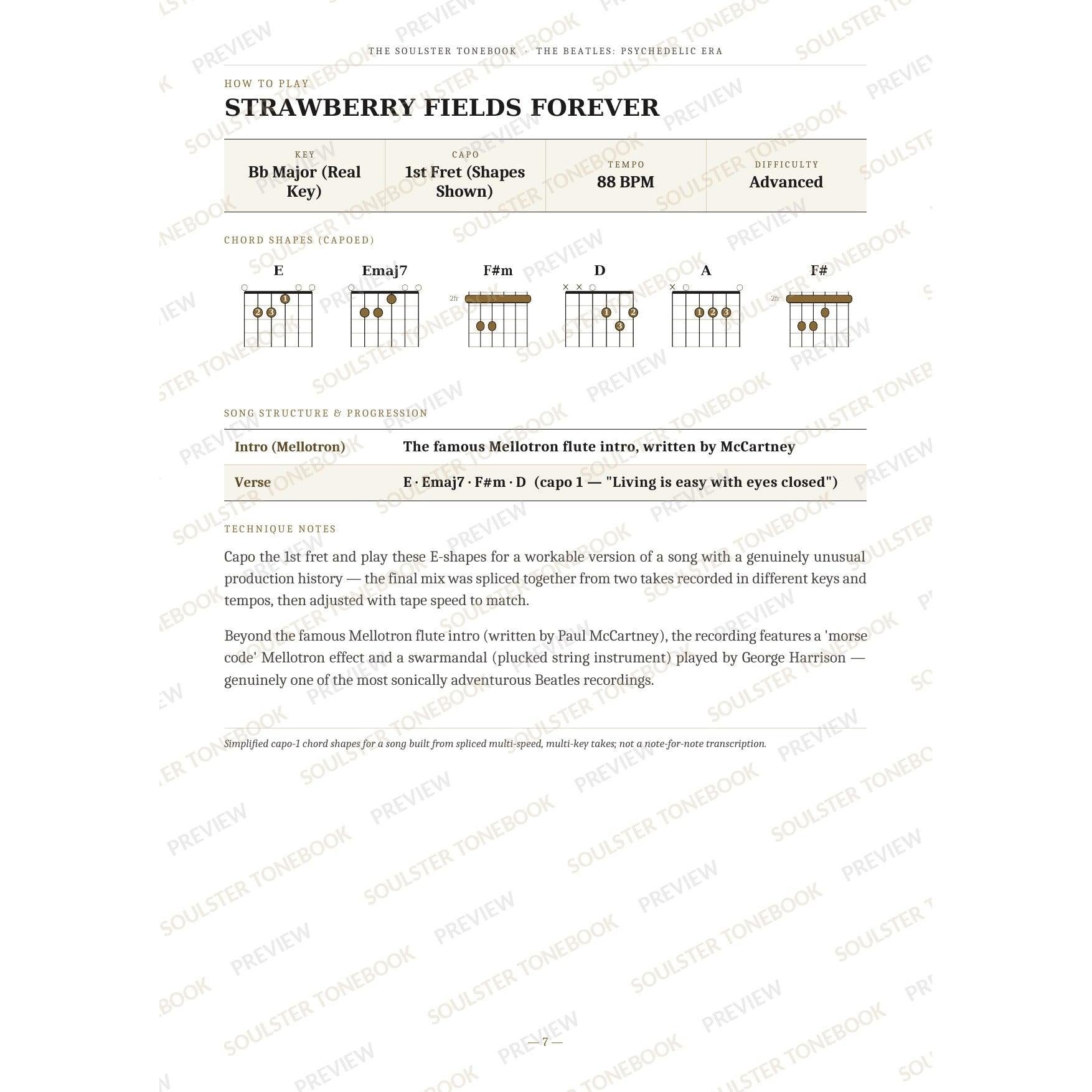 How-to-play page for 'Strawberry Fields Forever' by The Beatles, showing the key, capo, tempo and difficulty, printed chord-shape diagrams, a song-structure and chord-progression breakdown and technique notes — chord charts only, no lyrics or notation. A faint diagonal 'Soulster Tonebook · Preview' watermark repeats across the page.