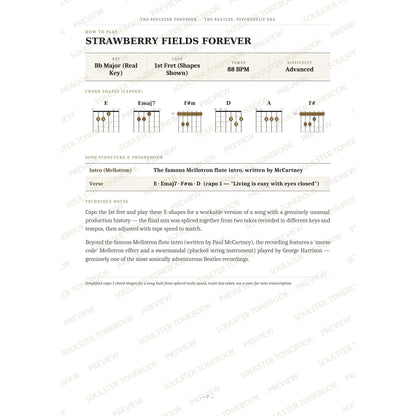 How-to-play page for 'Strawberry Fields Forever' by The Beatles, showing the key, capo, tempo and difficulty, printed chord-shape diagrams, a song-structure and chord-progression breakdown and technique notes — chord charts only, no lyrics or notation. A faint diagonal 'Soulster Tonebook · Preview' watermark repeats across the page.