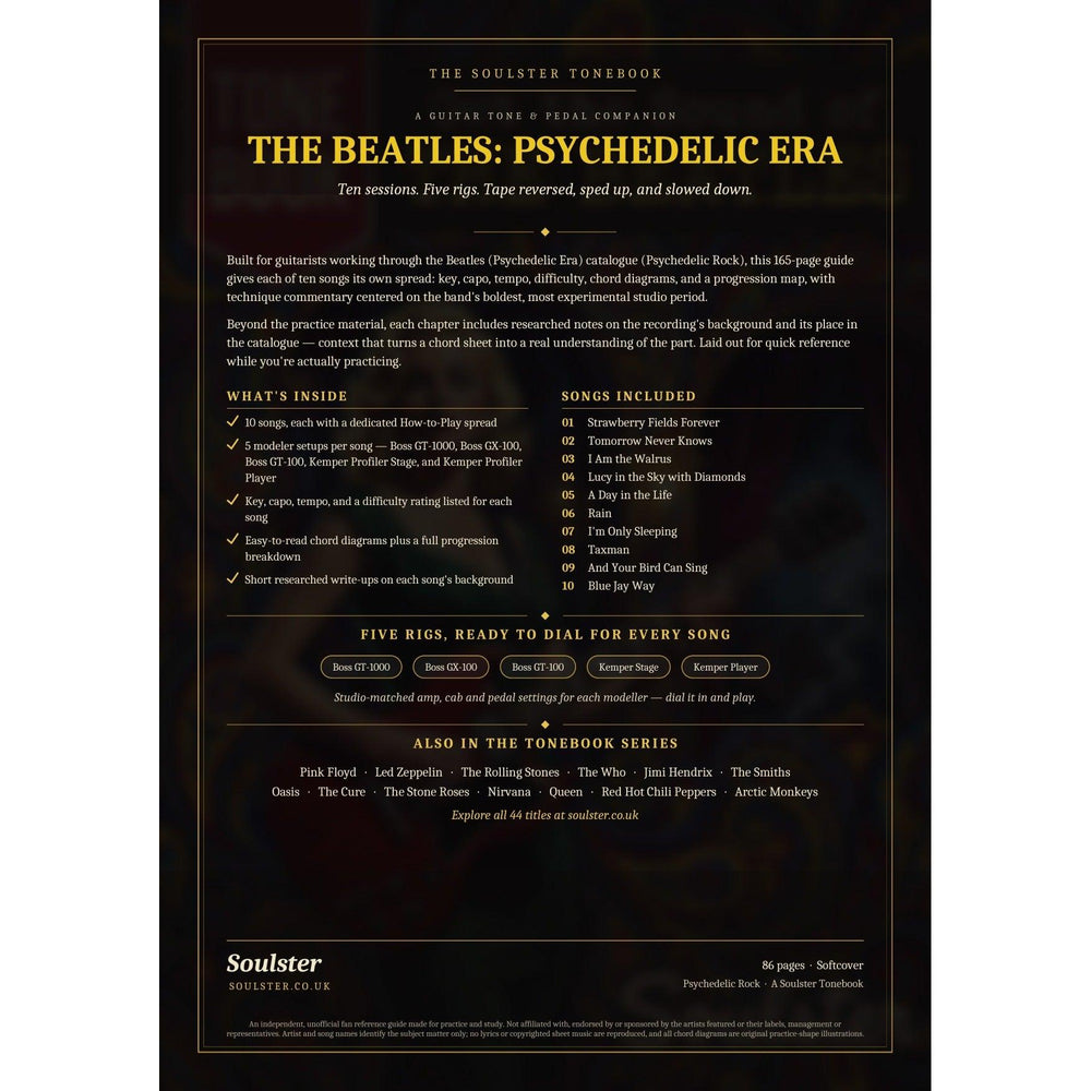 Back cover of The Beatles: Psychedelic Era Soulster Tonebook — a dark, gold-trimmed design with the title and tagline, a 'what's inside' list, the full 10-song track list, the five modeller rigs and other titles in the Soulster Tonebook series.