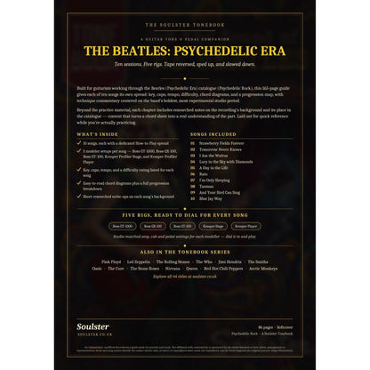 Back cover of The Beatles: Psychedelic Era Soulster Tonebook — a dark, gold-trimmed design with the title and tagline, a 'what's inside' list, the full 10-song track list, the five modeller rigs and other titles in the Soulster Tonebook series.