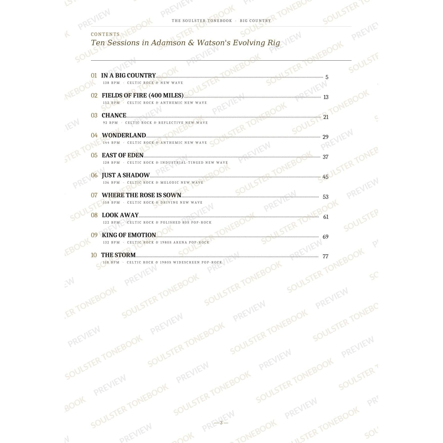 Contents page from the Big Country Soulster Tonebook, listing all 10 songs with their tempos, genre tags and page numbers in a gold-and-black serif layout. A faint diagonal 'Soulster Tonebook · Preview' watermark repeats across the page.