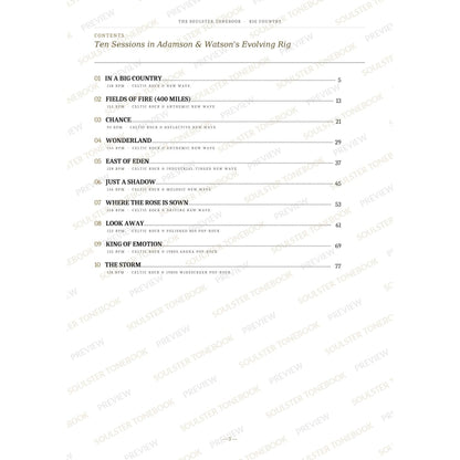 Contents page from the Big Country Soulster Tonebook, listing all 10 songs with their tempos, genre tags and page numbers in a gold-and-black serif layout. A faint diagonal 'Soulster Tonebook · Preview' watermark repeats across the page.