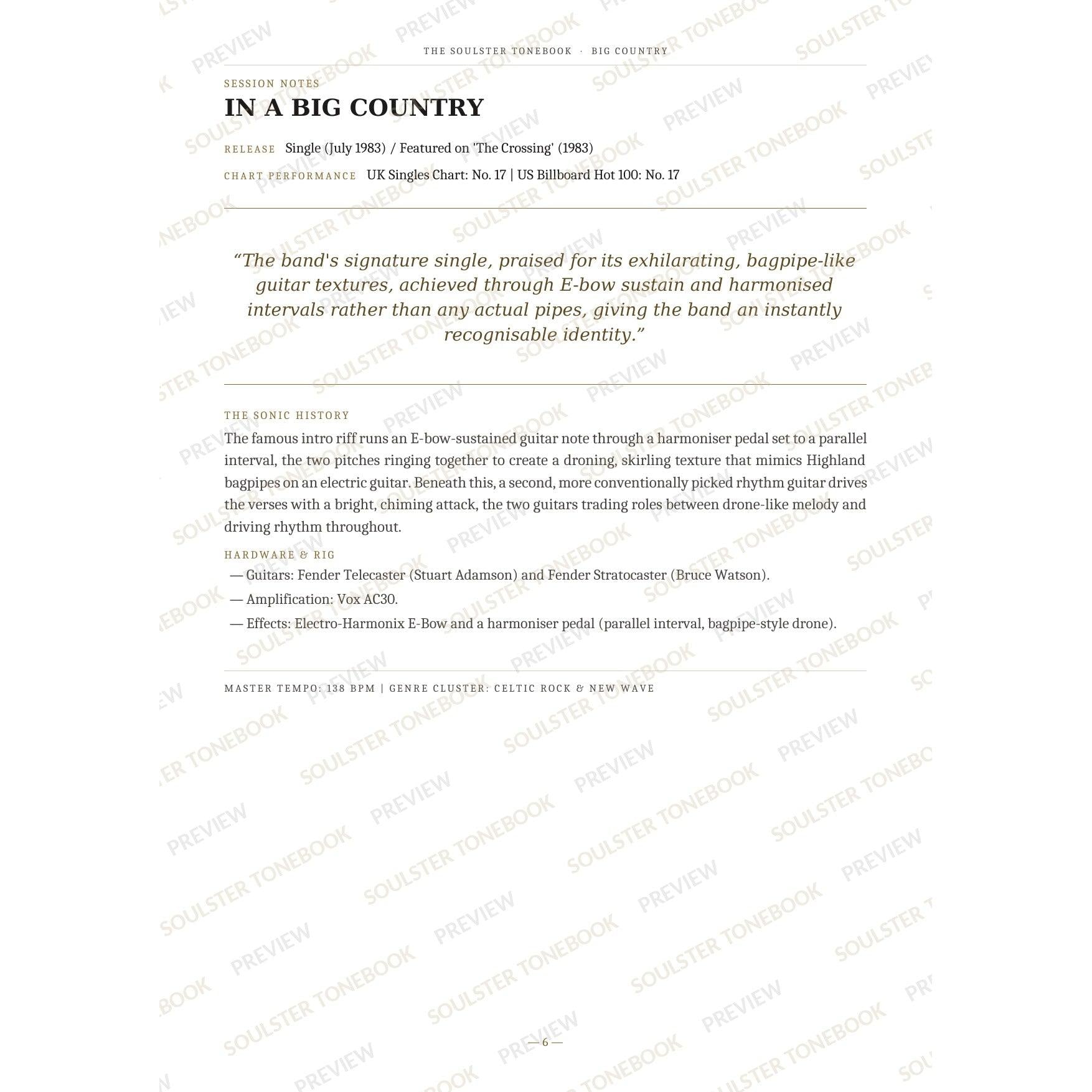 Session-notes page for 'In a Big Country' in the Big Country Soulster Tonebook, with the track's release and chart history, a summary quote, a short 'sonic history' write-up and the hardware and rig used. A faint diagonal 'Soulster Tonebook · Preview' watermark repeats across the page.