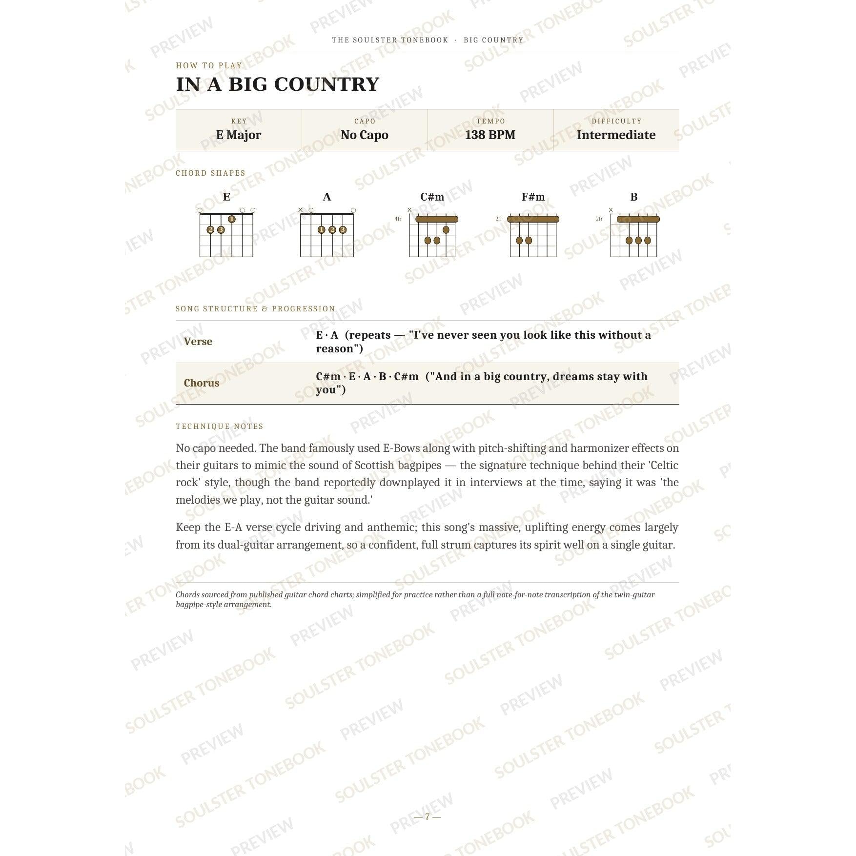 How-to-play page for 'In a Big Country' by Big Country, showing the key, capo, tempo and difficulty, printed chord-shape diagrams, a song-structure and chord-progression breakdown and technique notes — chord charts only, no lyrics or notation. A faint diagonal 'Soulster Tonebook · Preview' watermark repeats across the page.