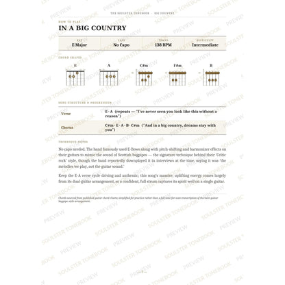 How-to-play page for 'In a Big Country' by Big Country, showing the key, capo, tempo and difficulty, printed chord-shape diagrams, a song-structure and chord-progression breakdown and technique notes — chord charts only, no lyrics or notation. A faint diagonal 'Soulster Tonebook · Preview' watermark repeats across the page.