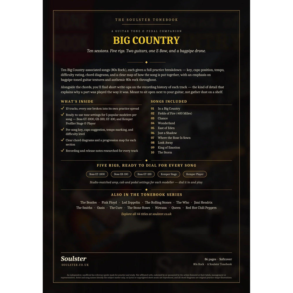 Back cover of the Big Country Soulster Tonebook — a dark, gold-trimmed design with the title and tagline, a 'what's inside' list, the full 10-song track list, the five modeller rigs and other titles in the Soulster Tonebook series.