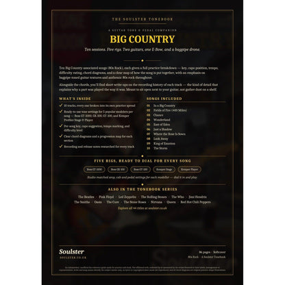Back cover of the Big Country Soulster Tonebook — a dark, gold-trimmed design with the title and tagline, a 'what's inside' list, the full 10-song track list, the five modeller rigs and other titles in the Soulster Tonebook series.