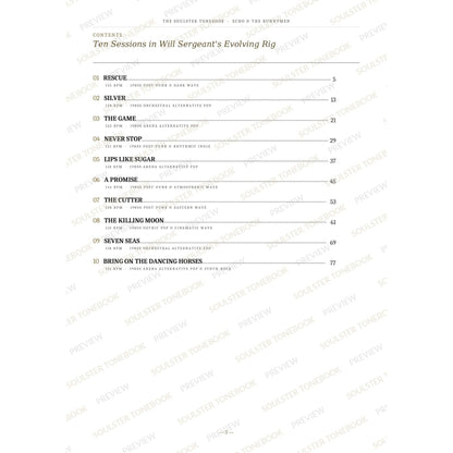 Contents page from the Echo & the Bunnymen Soulster Tonebook, listing all 10 songs with their tempos, genre tags and page numbers in a gold-and-black serif layout. A faint diagonal 'Soulster Tonebook · Preview' watermark repeats across the page.