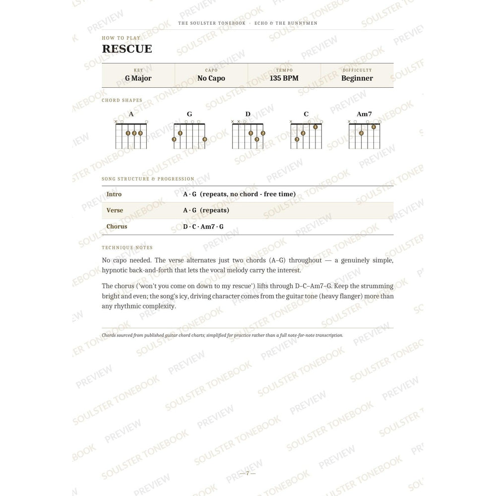 How-to-play page for 'Rescue' by Echo & the Bunnymen, showing the key, capo, tempo and difficulty, printed chord-shape diagrams, a song-structure and chord-progression breakdown and technique notes — chord charts only, no lyrics or notation. A faint diagonal 'Soulster Tonebook · Preview' watermark repeats across the page.