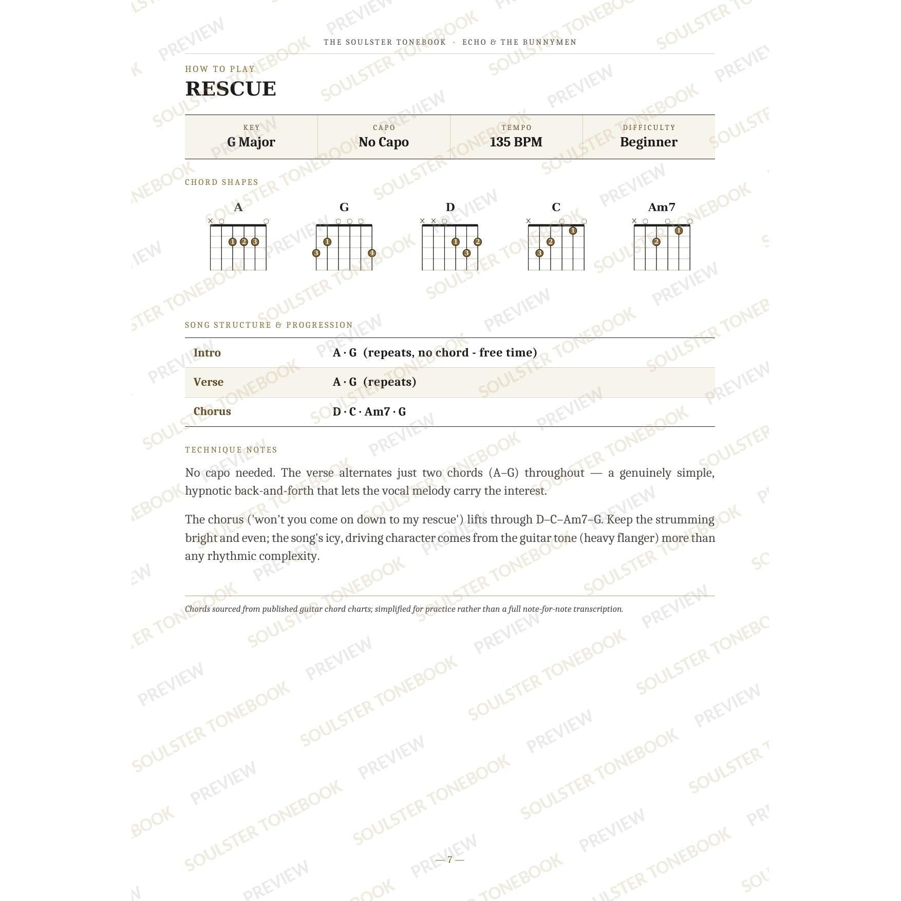 How-to-play page for 'Rescue' by Echo & the Bunnymen, showing the key, capo, tempo and difficulty, printed chord-shape diagrams, a song-structure and chord-progression breakdown and technique notes — chord charts only, no lyrics or notation. A faint diagonal 'Soulster Tonebook · Preview' watermark repeats across the page.