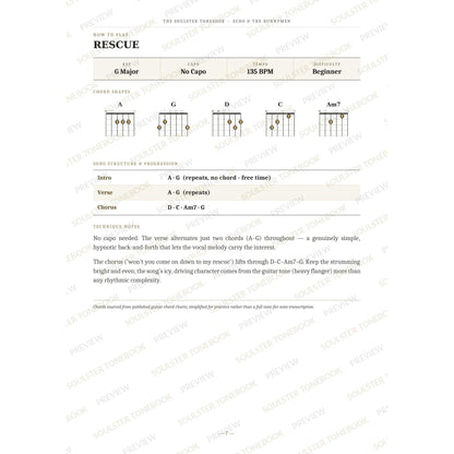 How-to-play page for 'Rescue' by Echo & the Bunnymen, showing the key, capo, tempo and difficulty, printed chord-shape diagrams, a song-structure and chord-progression breakdown and technique notes — chord charts only, no lyrics or notation. A faint diagonal 'Soulster Tonebook · Preview' watermark repeats across the page.