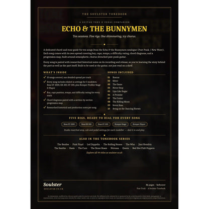 Back cover of the Echo & the Bunnymen Soulster Tonebook — a dark, gold-trimmed design with the title and tagline, a 'what's inside' list, the full 10-song track list, the five modeller rigs and other titles in the Soulster Tonebook series.