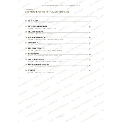 Contents page from the Echo & the Bunnymen, Vol. II Soulster Tonebook, listing all 10 songs with their tempos, genre tags and page numbers in a gold-and-black serif layout. A faint diagonal 'Soulster Tonebook · Preview' watermark repeats across the page.