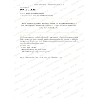 Session-notes page for 'Do It Clean' in the Echo & the Bunnymen, Vol. II Soulster Tonebook, with the track's release and chart history, a summary quote, a short 'sonic history' write-up and the hardware and rig used. A faint diagonal 'Soulster Tonebook · Preview' watermark repeats across the page.