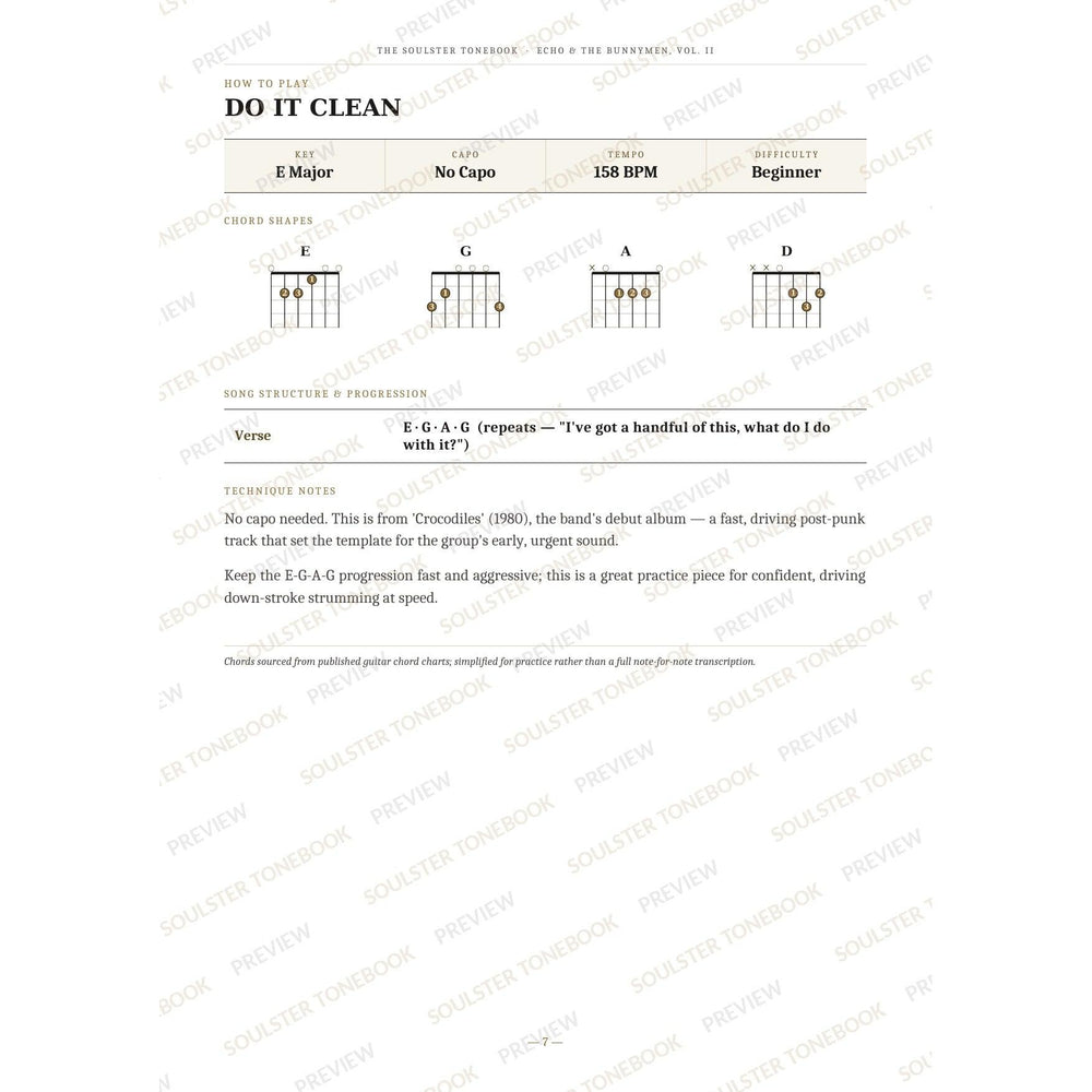 How-to-play page for 'Do It Clean' by Echo & the Bunnymen, showing the key, capo, tempo and difficulty, printed chord-shape diagrams, a song-structure and chord-progression breakdown and technique notes — chord charts only, no lyrics or notation. A faint diagonal 'Soulster Tonebook · Preview' watermark repeats across the page.
