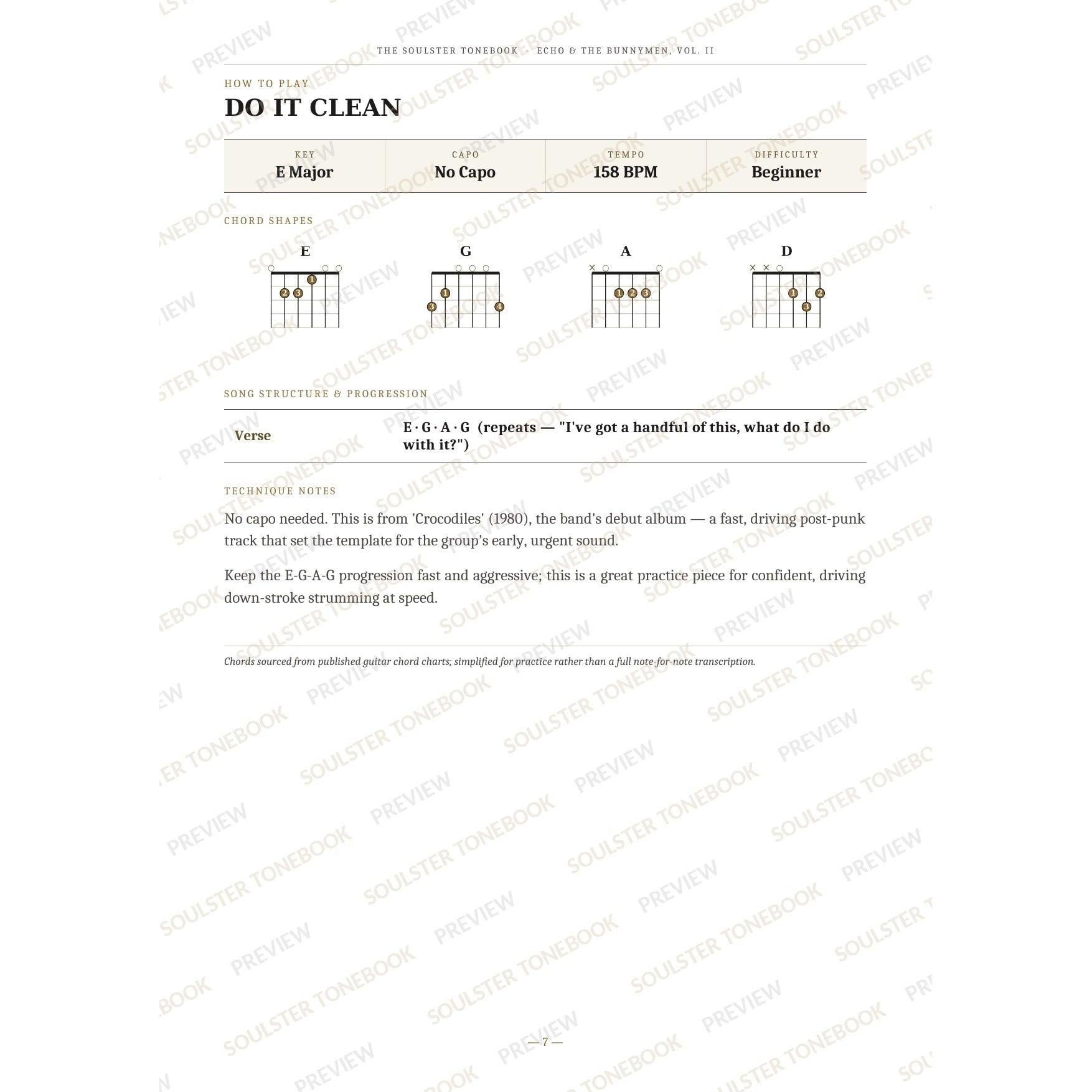 How-to-play page for 'Do It Clean' by Echo & the Bunnymen, showing the key, capo, tempo and difficulty, printed chord-shape diagrams, a song-structure and chord-progression breakdown and technique notes — chord charts only, no lyrics or notation. A faint diagonal 'Soulster Tonebook · Preview' watermark repeats across the page.