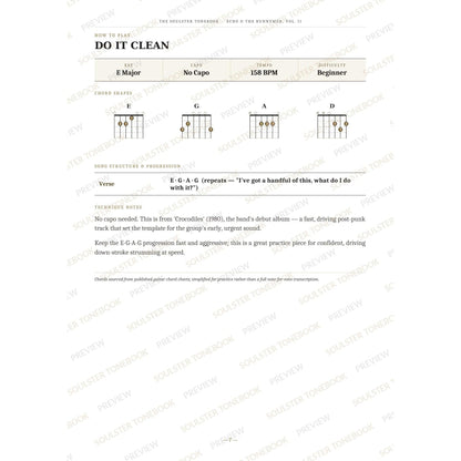 How-to-play page for 'Do It Clean' by Echo & the Bunnymen, showing the key, capo, tempo and difficulty, printed chord-shape diagrams, a song-structure and chord-progression breakdown and technique notes — chord charts only, no lyrics or notation. A faint diagonal 'Soulster Tonebook · Preview' watermark repeats across the page.