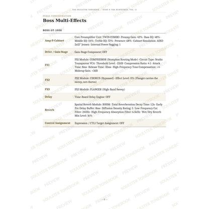Boss GT-1000 pedal-settings page for 'Do It Clean' in the Echo & the Bunnymen, Vol. II Soulster Tonebook, giving parameter-by-parameter amp, cabinet, drive, FX, delay and reverb values in a two-column table. A faint diagonal 'Soulster Tonebook · Preview' watermark repeats across the page.