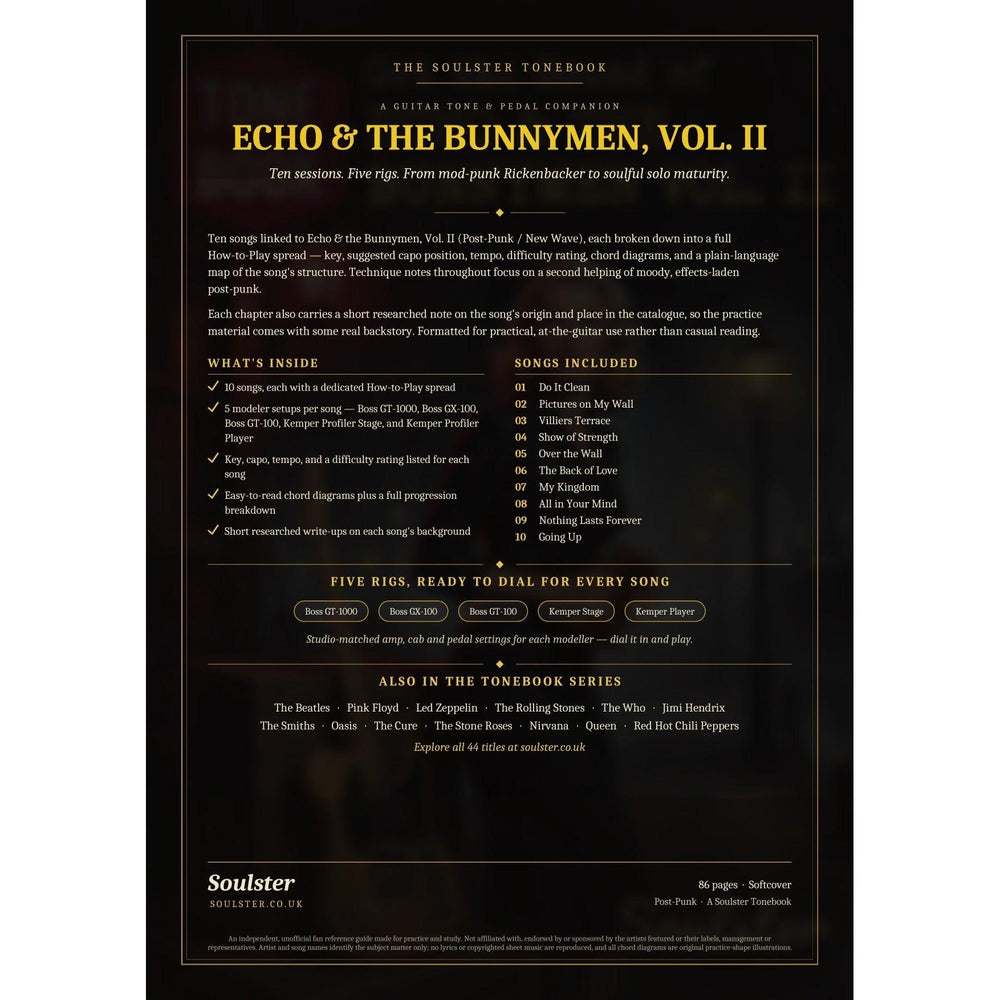 Back cover of the Echo & the Bunnymen, Vol. II Soulster Tonebook — a dark, gold-trimmed design with the title and tagline, a 'what's inside' list, the full 10-song track list, the five modeller rigs and other titles in the Soulster Tonebook series.