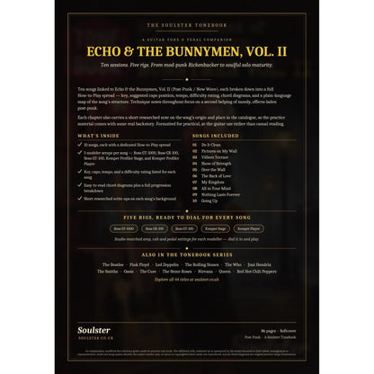 Back cover of the Echo & the Bunnymen, Vol. II Soulster Tonebook — a dark, gold-trimmed design with the title and tagline, a 'what's inside' list, the full 10-song track list, the five modeller rigs and other titles in the Soulster Tonebook series.