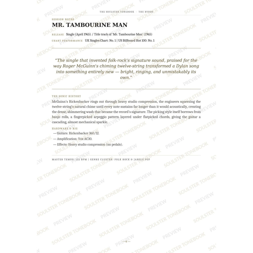 Session-notes page for 'Mr. Tambourine Man' in The Byrds Soulster Tonebook, with the track's release and chart history, a summary quote, a short 'sonic history' write-up and the hardware and rig used. A faint diagonal 'Soulster Tonebook · Preview' watermark repeats across the page.