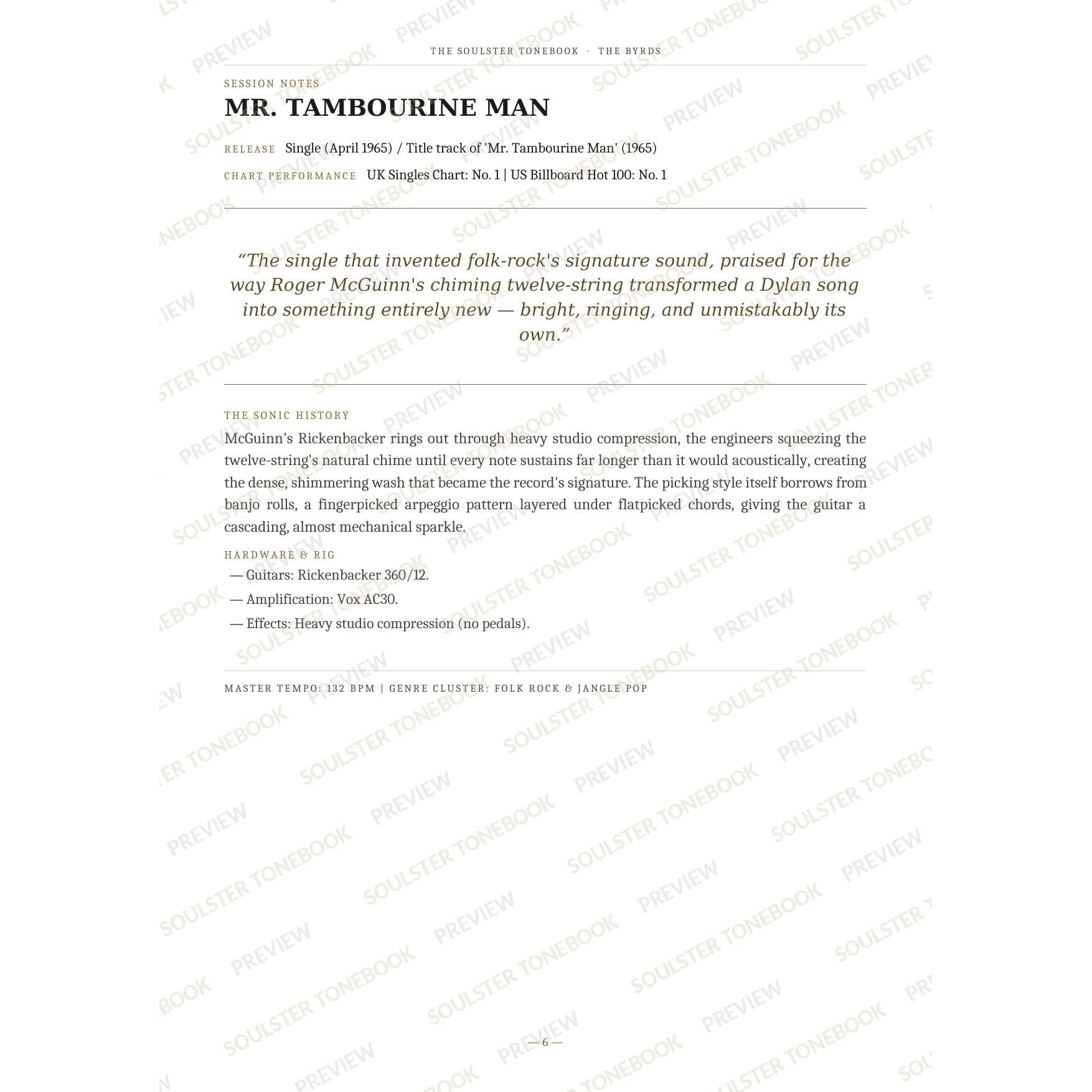 Session-notes page for 'Mr. Tambourine Man' in The Byrds Soulster Tonebook, with the track's release and chart history, a summary quote, a short 'sonic history' write-up and the hardware and rig used. A faint diagonal 'Soulster Tonebook · Preview' watermark repeats across the page.