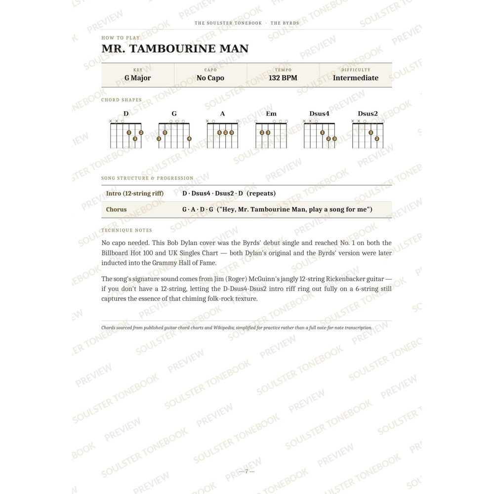 How-to-play page for 'Mr. Tambourine Man' by The Byrds, showing the key, capo, tempo and difficulty, printed chord-shape diagrams, a song-structure and chord-progression breakdown and technique notes — chord charts only, no lyrics or notation. A faint diagonal 'Soulster Tonebook · Preview' watermark repeats across the page.