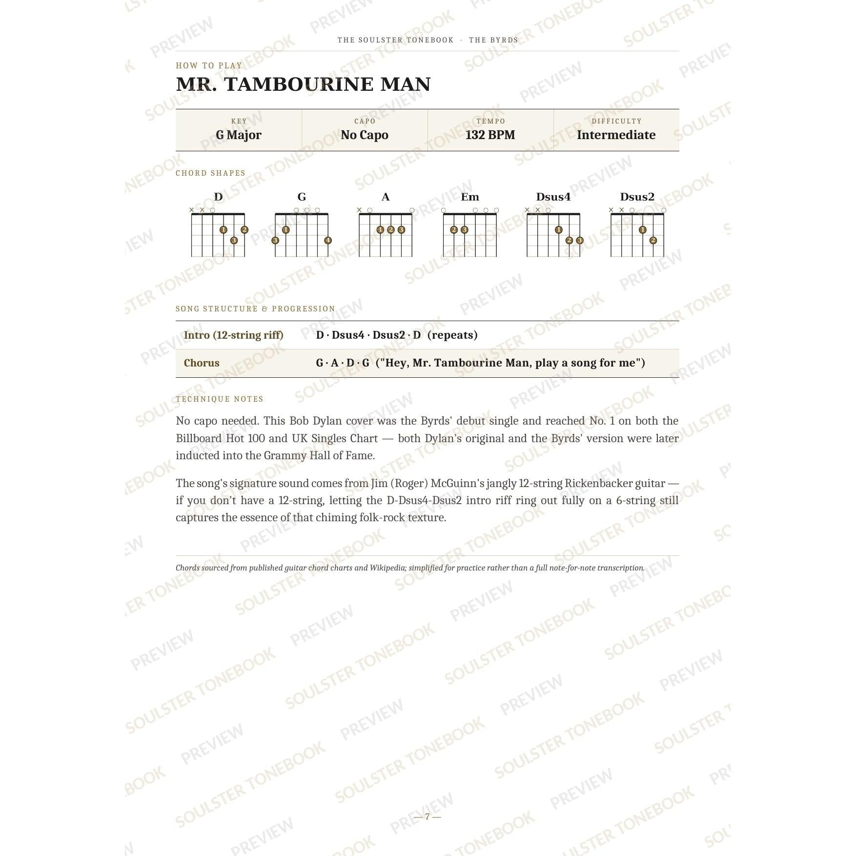 How-to-play page for 'Mr. Tambourine Man' by The Byrds, showing the key, capo, tempo and difficulty, printed chord-shape diagrams, a song-structure and chord-progression breakdown and technique notes — chord charts only, no lyrics or notation. A faint diagonal 'Soulster Tonebook · Preview' watermark repeats across the page.