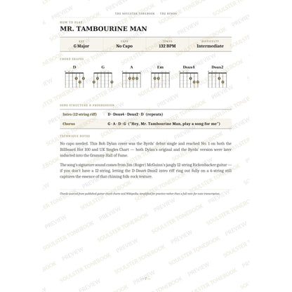 How-to-play page for 'Mr. Tambourine Man' by The Byrds, showing the key, capo, tempo and difficulty, printed chord-shape diagrams, a song-structure and chord-progression breakdown and technique notes — chord charts only, no lyrics or notation. A faint diagonal 'Soulster Tonebook · Preview' watermark repeats across the page.