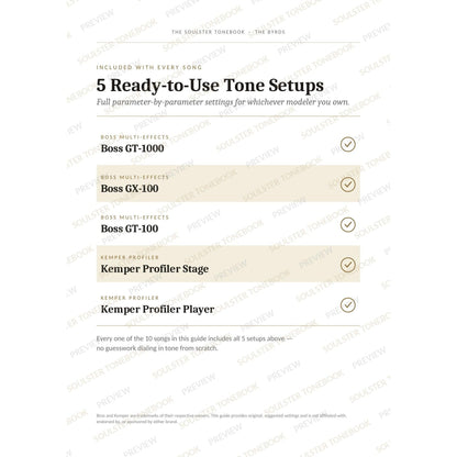 '5 Ready-to-Use Tone Setups' page from The Byrds Soulster Tonebook, listing the five included modeller rigs — Boss GT-1000, GX-100 and GT-100 and the Kemper Profiler Stage and Player — each marked with a gold tick. A faint diagonal 'Soulster Tonebook · Preview' watermark repeats across the page.