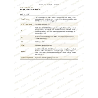 Boss GT-1000 pedal-settings page for 'Mr. Tambourine Man' in The Byrds Soulster Tonebook, giving parameter-by-parameter amp, cabinet, drive, FX, delay and reverb values in a two-column table. A faint diagonal 'Soulster Tonebook · Preview' watermark repeats across the page.