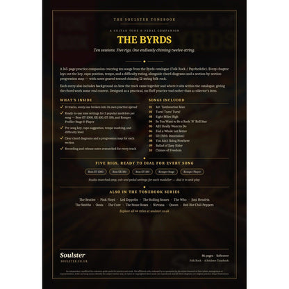 Back cover of The Byrds Soulster Tonebook — a dark, gold-trimmed design with the title and tagline, a 'what's inside' list, the full 10-song track list, the five modeller rigs and other titles in the Soulster Tonebook series.