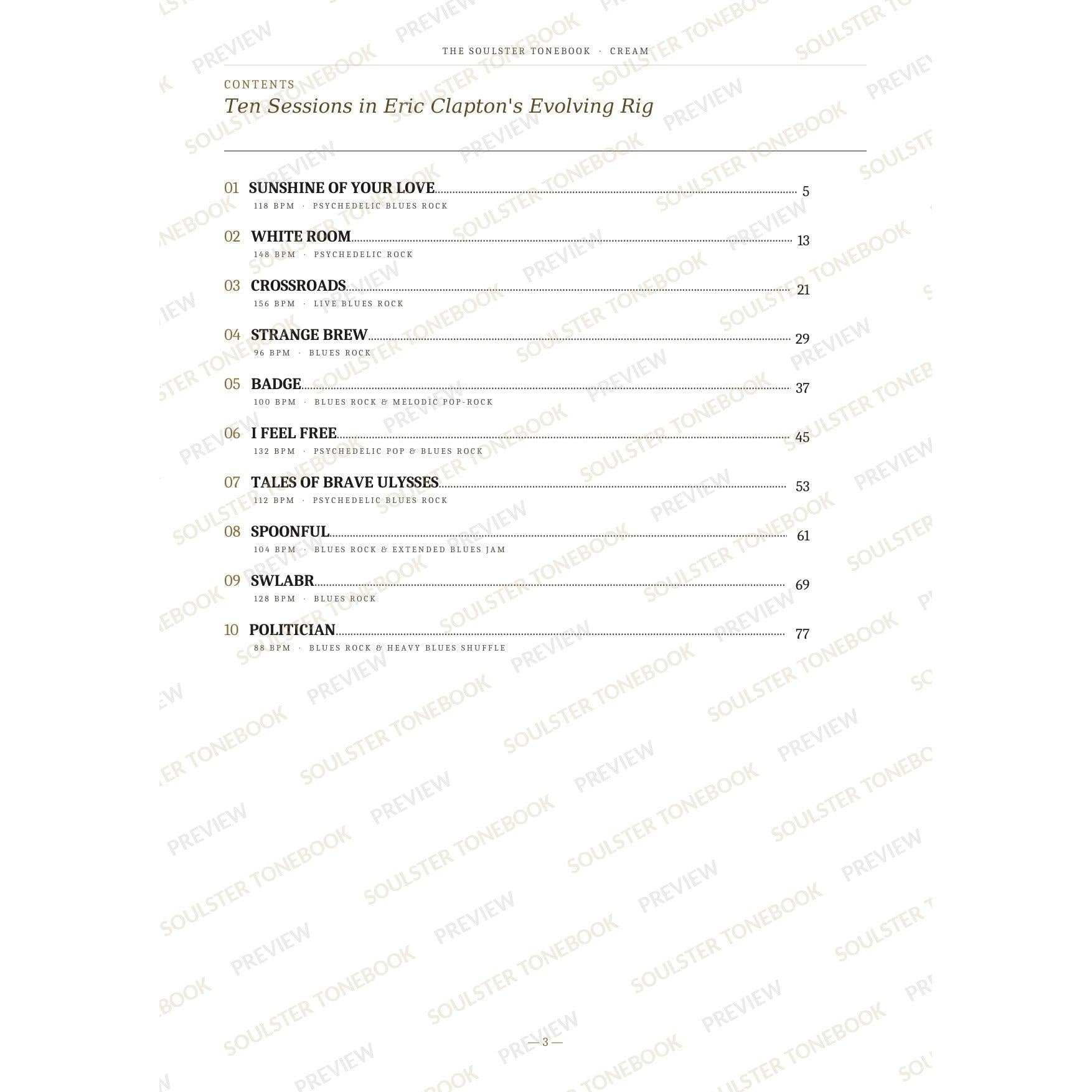 Contents page from the Cream Soulster Tonebook, listing all 10 songs with their tempos, genre tags and page numbers in a gold-and-black serif layout. A faint diagonal 'Soulster Tonebook · Preview' watermark repeats across the page.