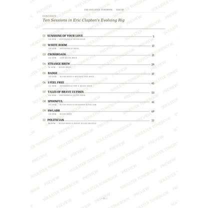 Contents page from the Cream Soulster Tonebook, listing all 10 songs with their tempos, genre tags and page numbers in a gold-and-black serif layout. A faint diagonal 'Soulster Tonebook · Preview' watermark repeats across the page.
