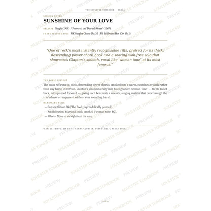 Session-notes page for 'Sunshine of Your Love' in the Cream Soulster Tonebook, with the track's release and chart history, a summary quote, a short 'sonic history' write-up and the hardware and rig used. A faint diagonal 'Soulster Tonebook · Preview' watermark repeats across the page.